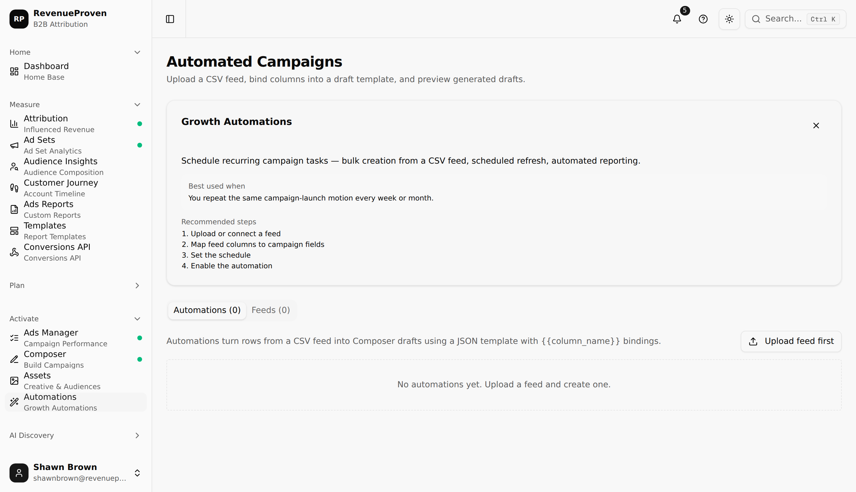 Automated Campaigns showing a CSV feed on the left and a preview panel of generated campaign draft objects on the right