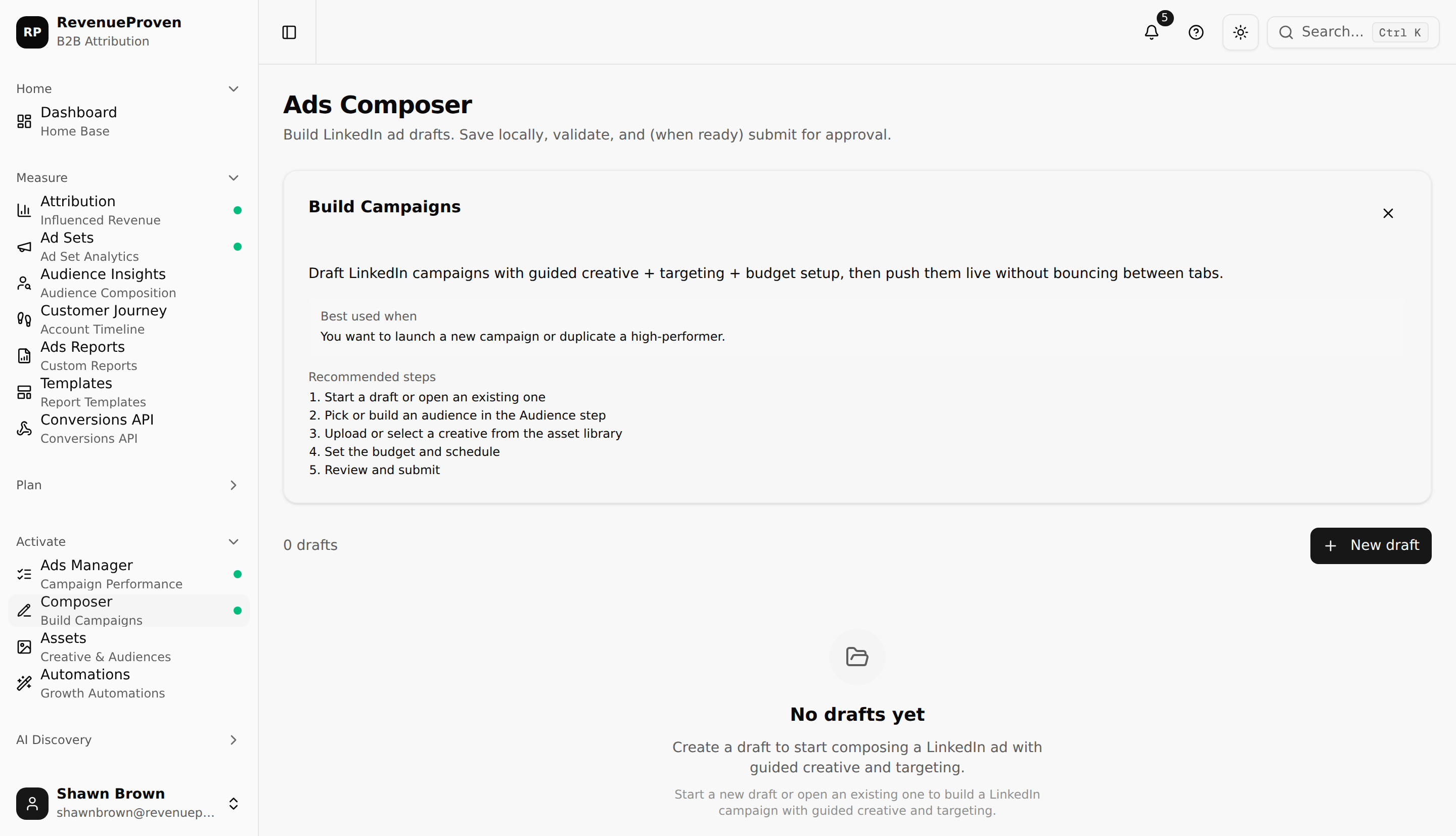 Ads Composer showing a draft editor alongside a diff review panel that highlights changed fields before applying