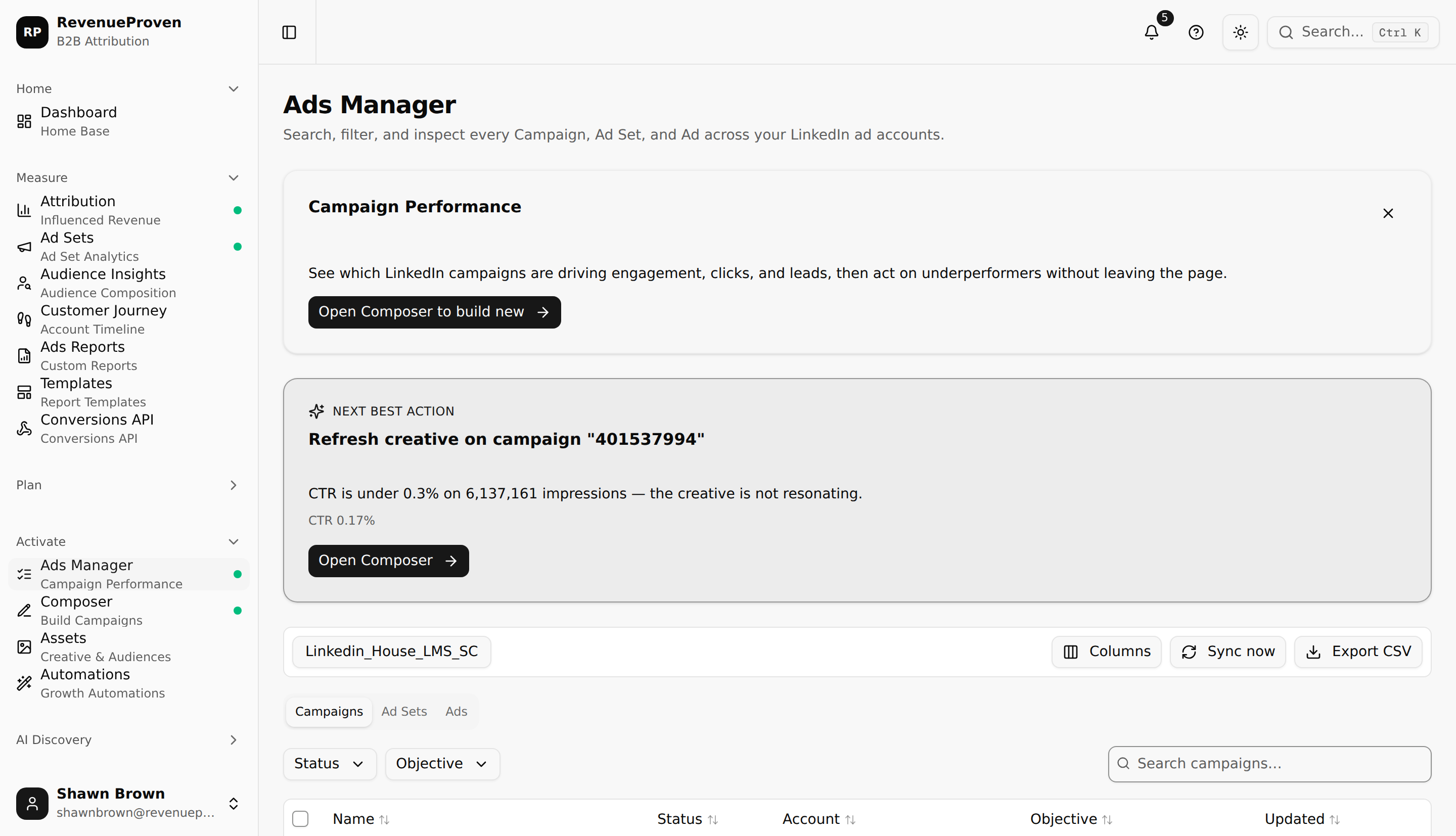 Ads Manager table showing campaign groups, ad sets, and ads with status controls and filter options