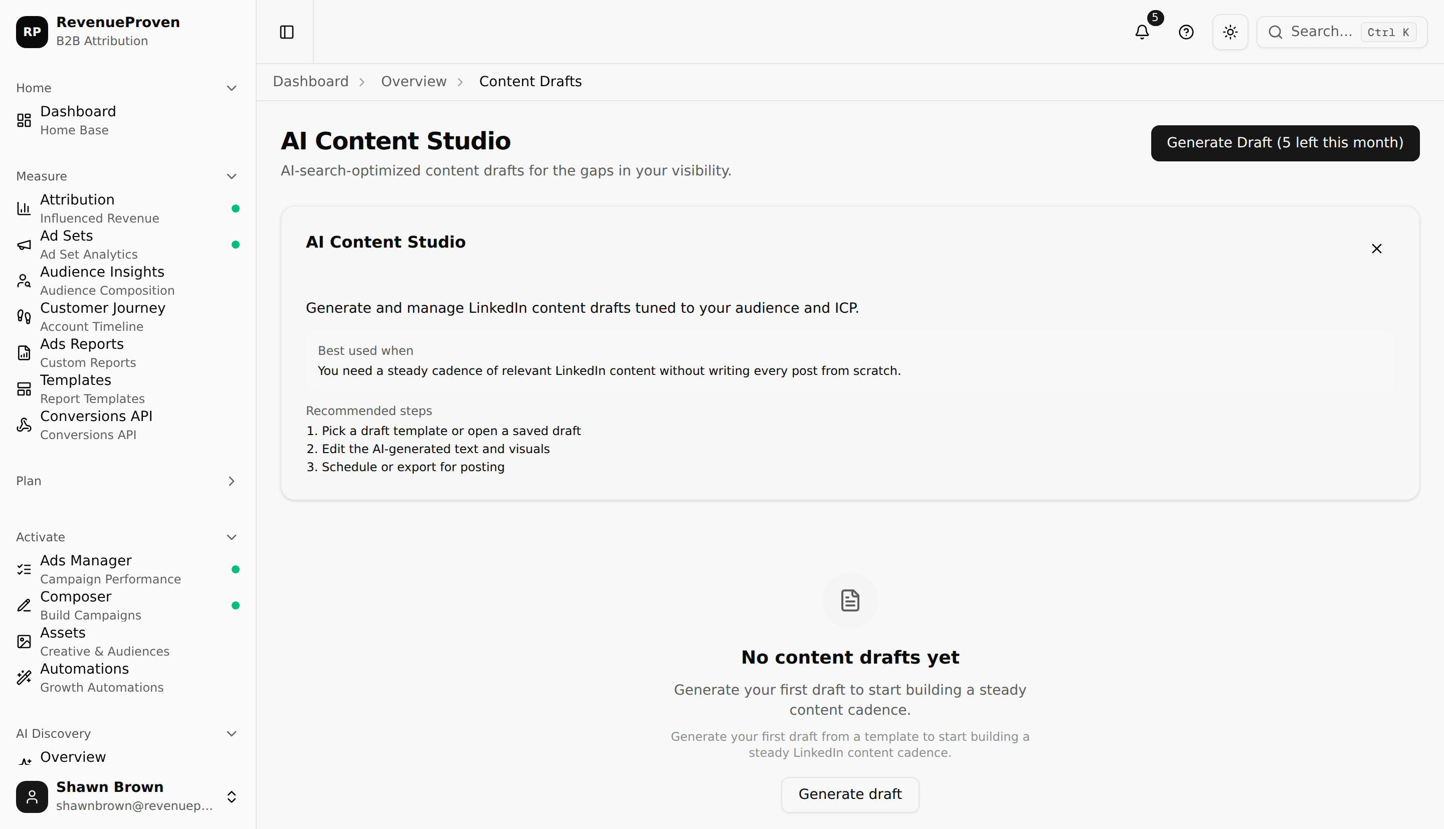 Content Drafts page showing a list of article drafts with status indicators and action buttons
