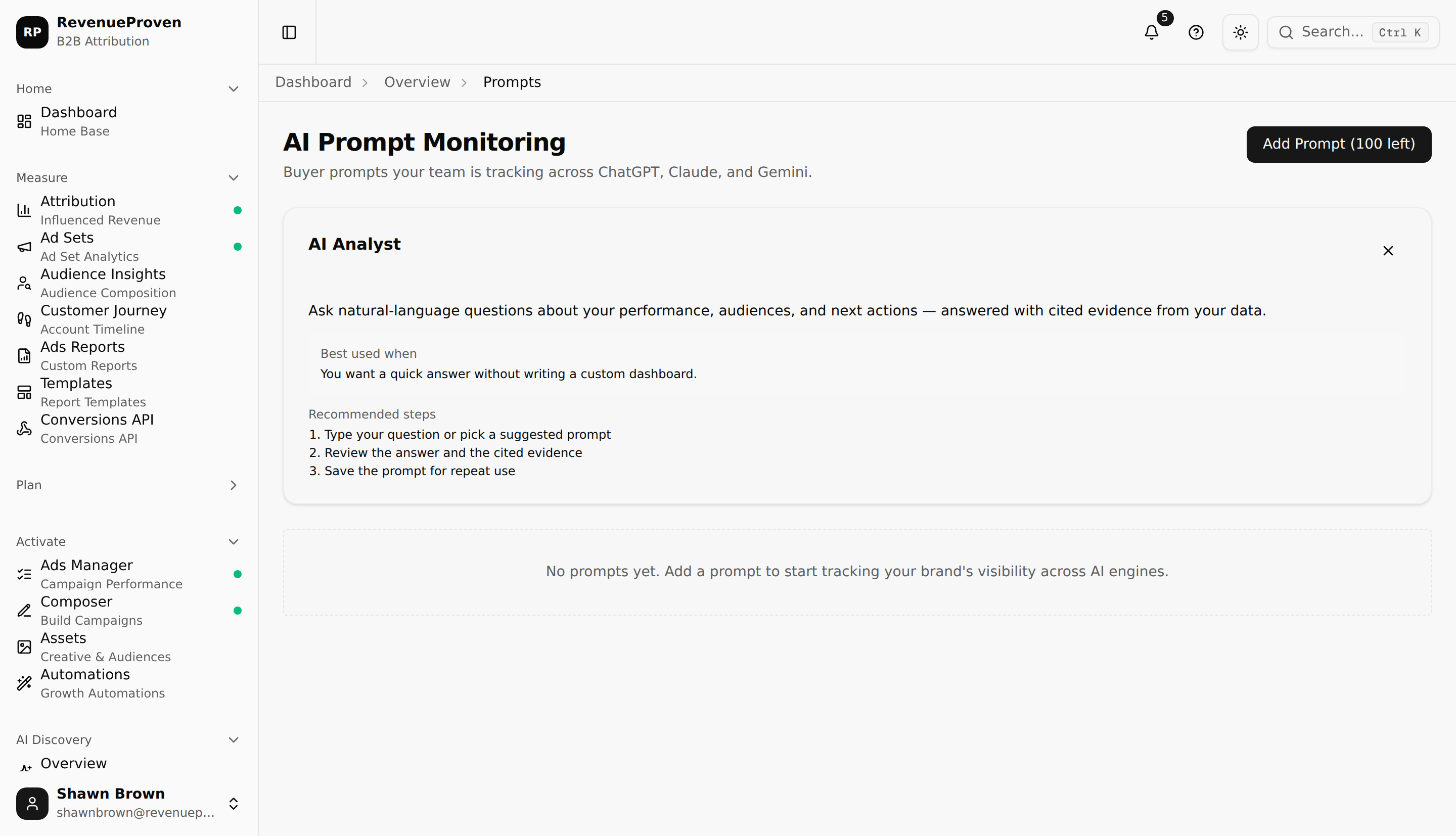 Prompt Monitoring page showing a list of tracked prompts with status, last run time, and engine coverage indicators