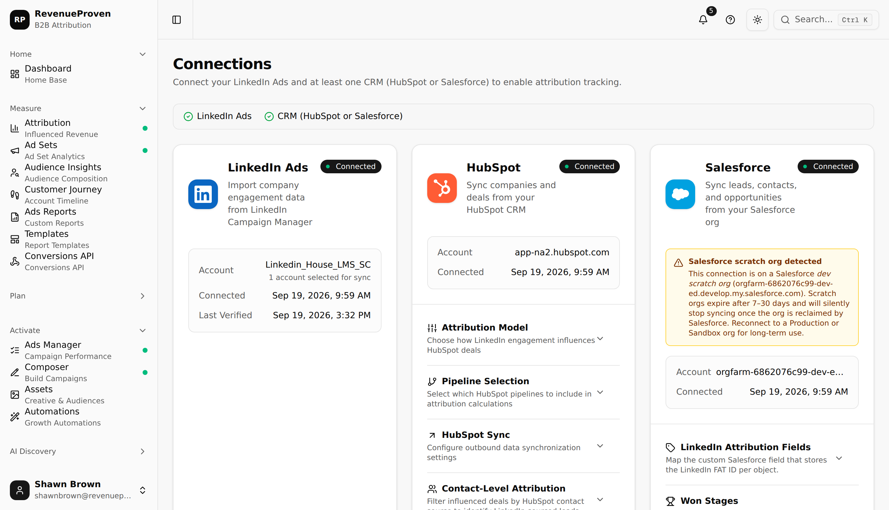 Connections page showing each data source's sync status