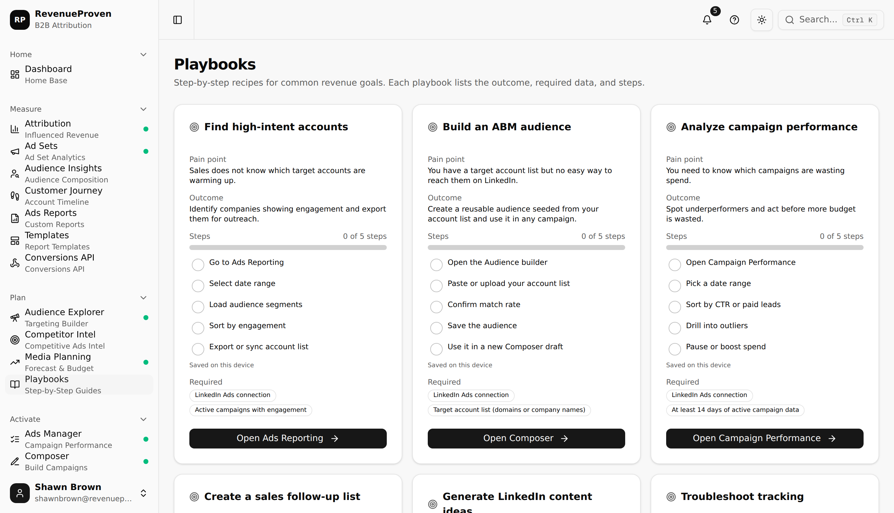 Playbooks page showing outcome-oriented recipe cards with steps, required data, and CTA links
