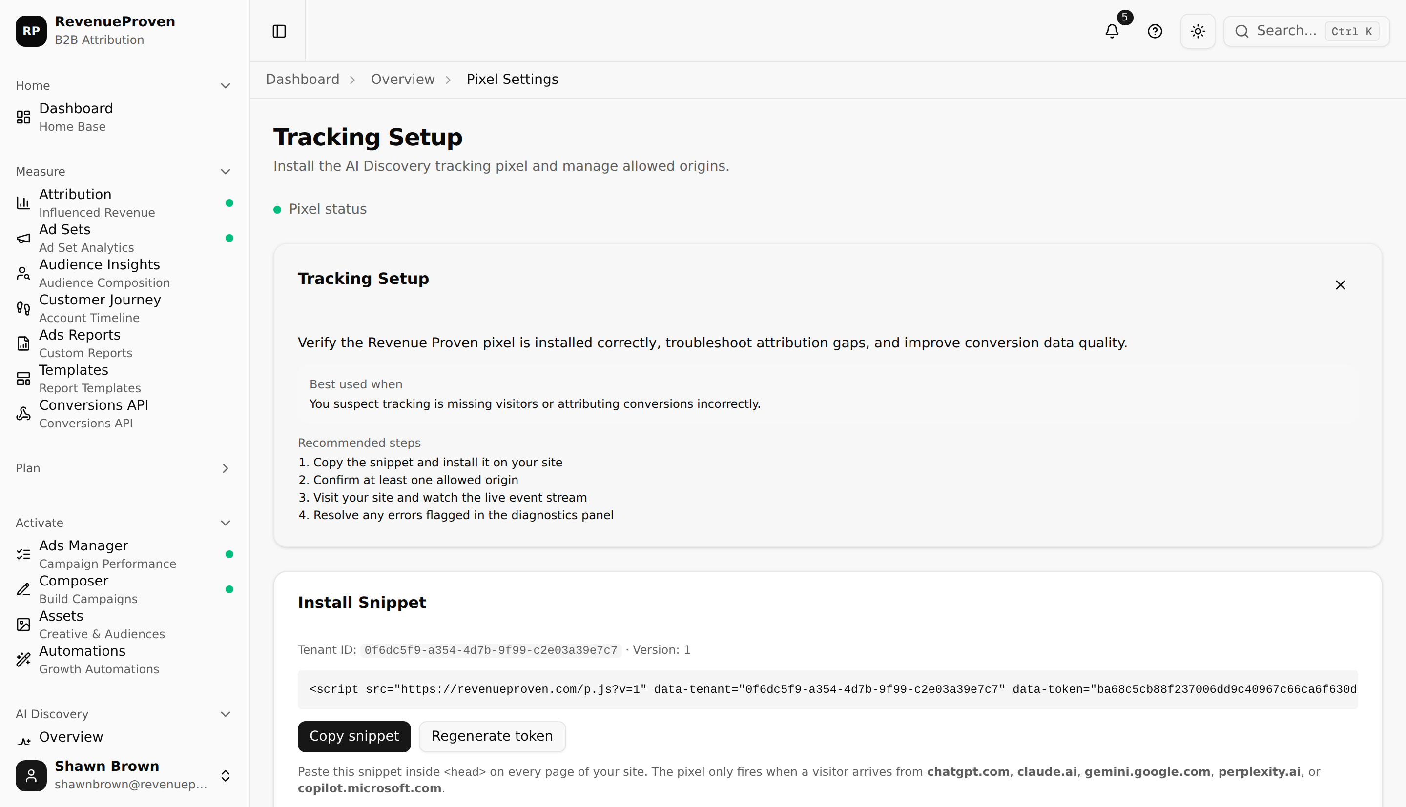 AI Discovery pixel settings showing the snippet and verification status