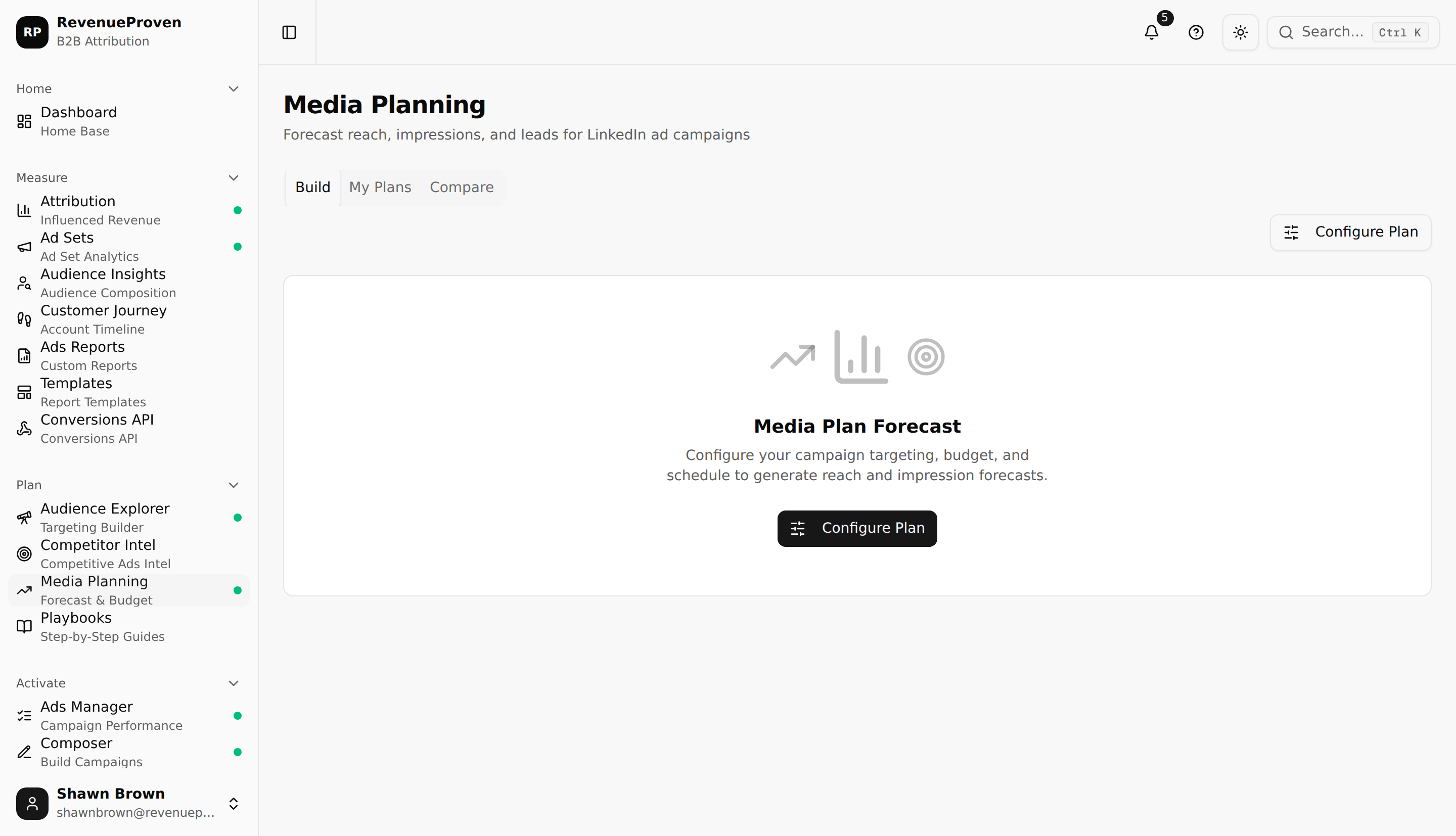 Media Planning page showing forecast results with reach, impressions, and lead estimates alongside targeting inputs