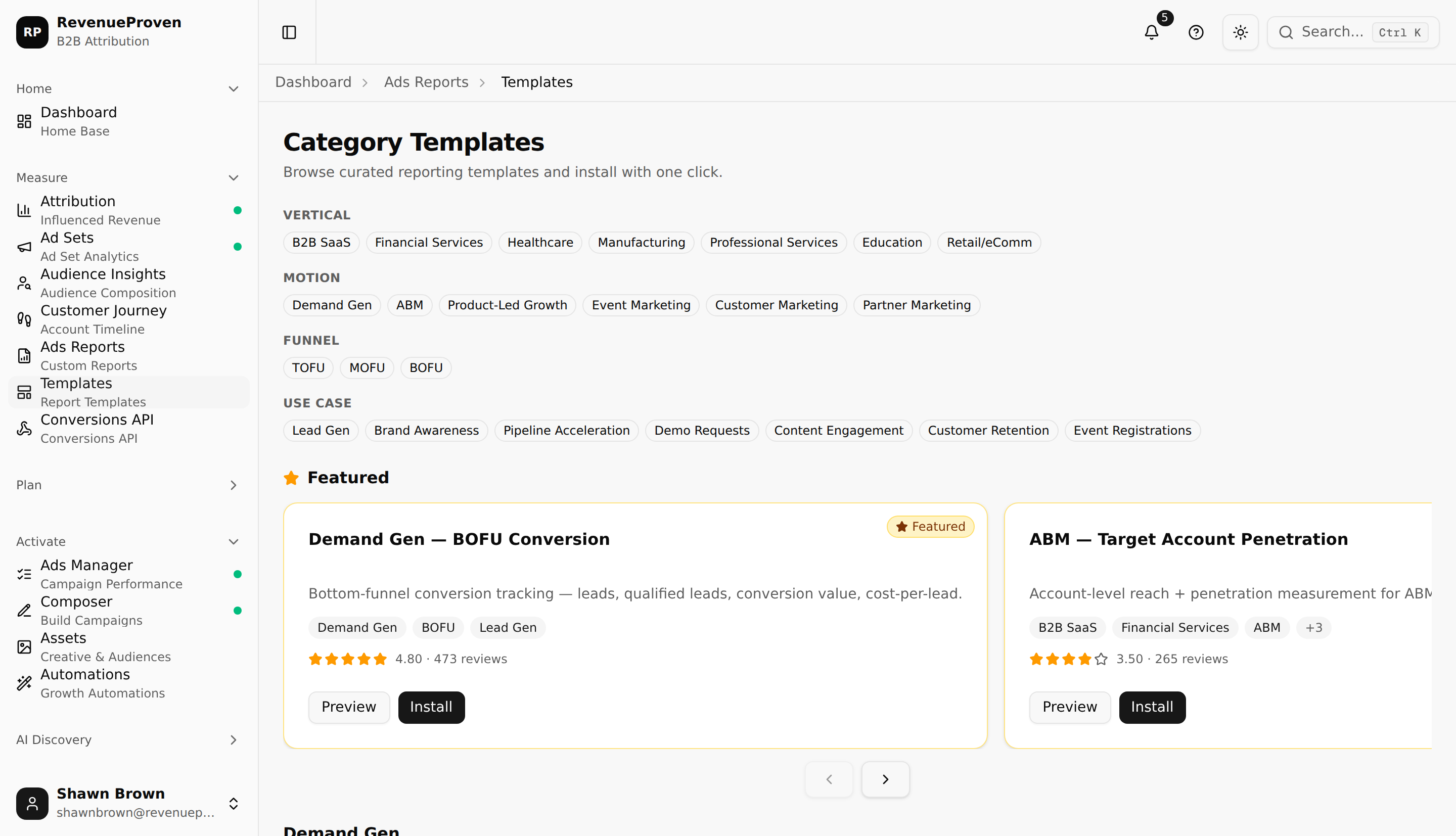 Templates marketplace grid showing template cards with ratings and install counts